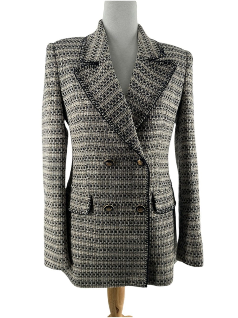 Zara Blazer Boucle Tweed Double Breasted blue cream gold luxury preppy sz xs